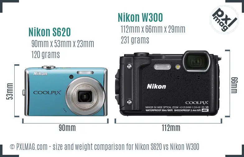 Nikon S620 vs Nikon W300 size comparison