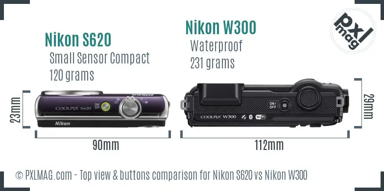 Nikon S620 vs Nikon W300 top view buttons comparison