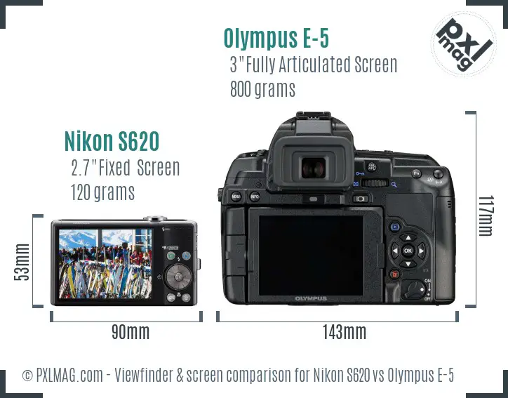 Nikon S620 vs Olympus E-5 Screen and Viewfinder comparison