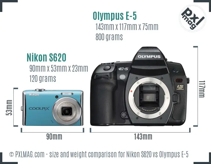 Nikon S620 vs Olympus E-5 size comparison