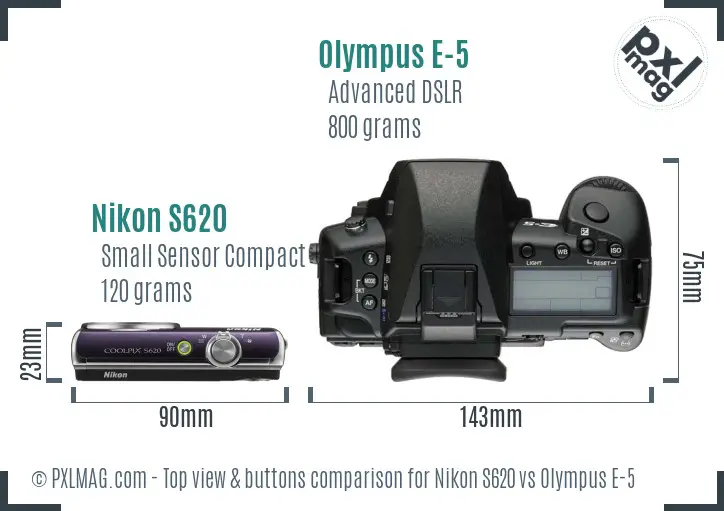 Nikon S620 vs Olympus E-5 top view buttons comparison