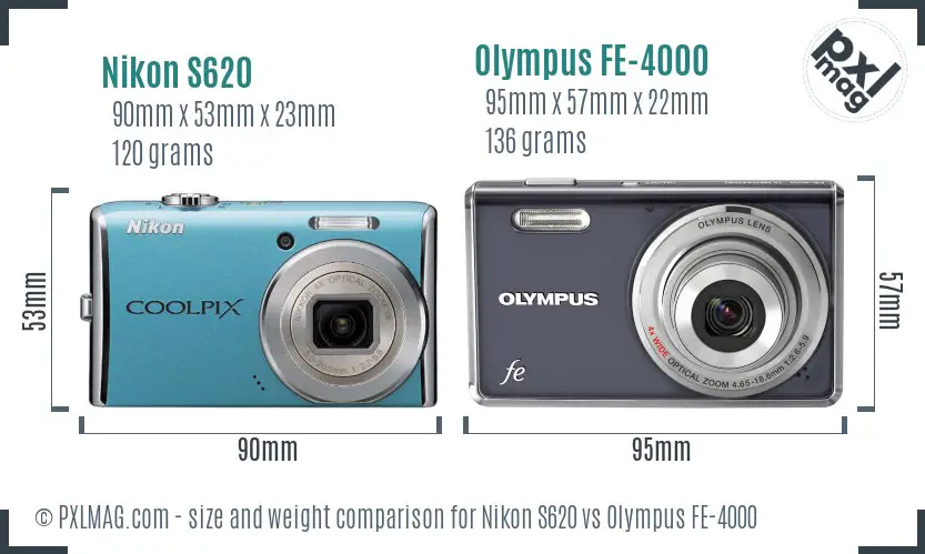 Nikon S620 vs Olympus FE-4000 size comparison Nikon S620 vs Olympus FE-4000 size comparison