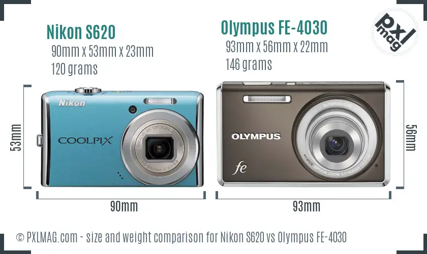 Nikon S620 vs Olympus FE-4030 size comparison