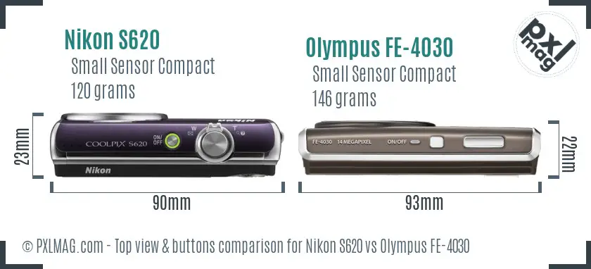 Nikon S620 vs Olympus FE-4030 top view buttons comparison