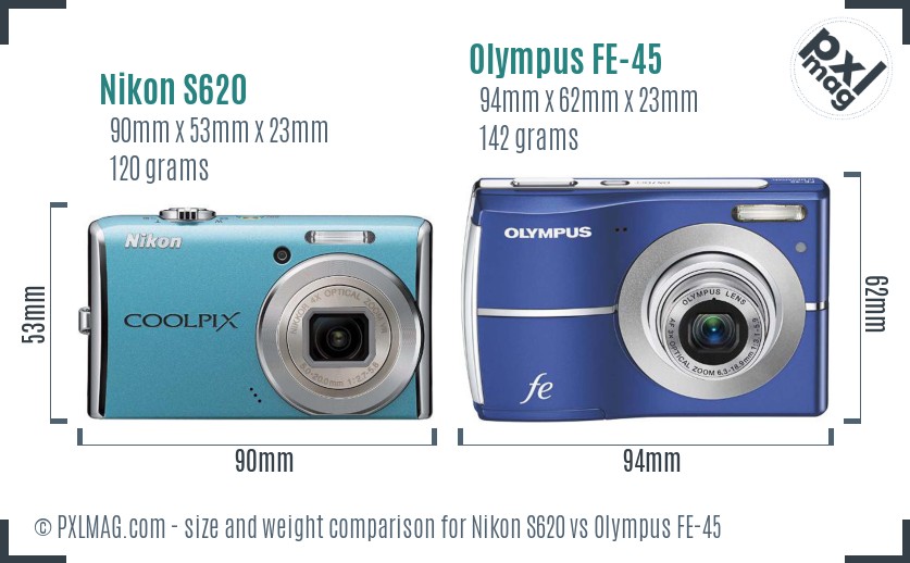 Nikon S620 vs Olympus FE-45 size comparison