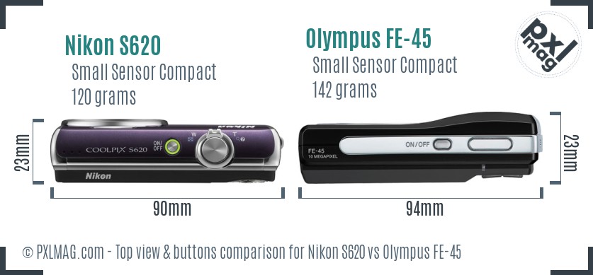 Nikon S620 vs Olympus FE-45 top view buttons comparison