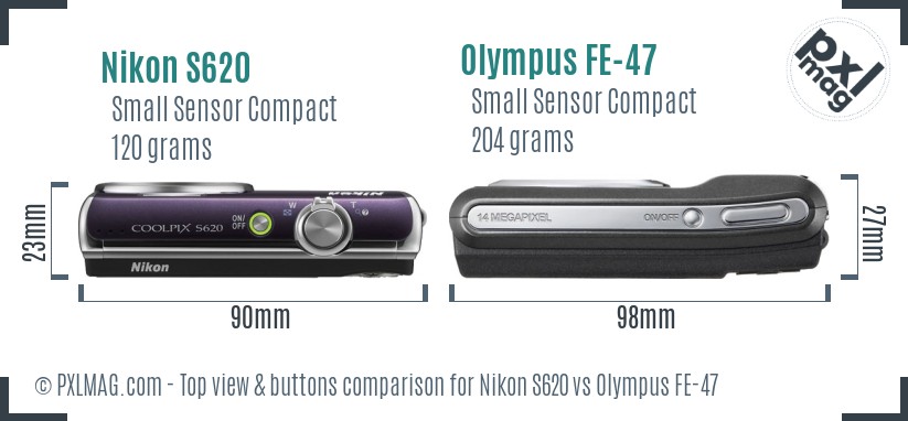 Nikon S620 vs Olympus FE-47 top view buttons comparison
