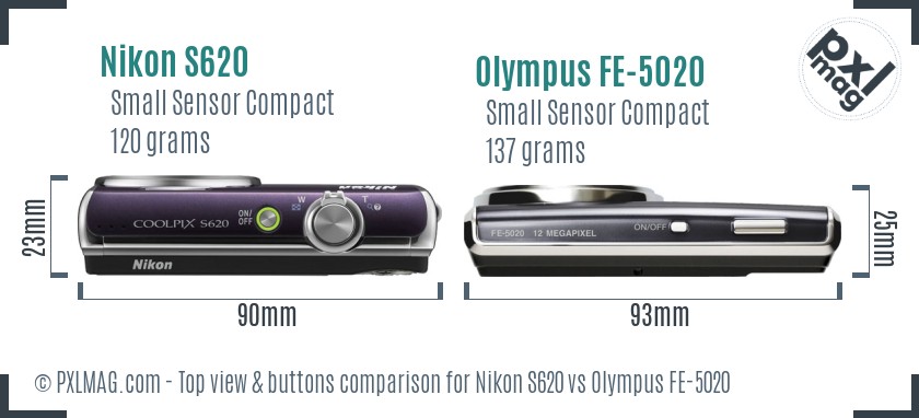 Nikon S620 vs Olympus FE-5020 top view buttons comparison