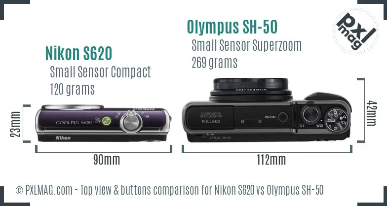 Nikon S620 vs Olympus SH-50 top view buttons comparison