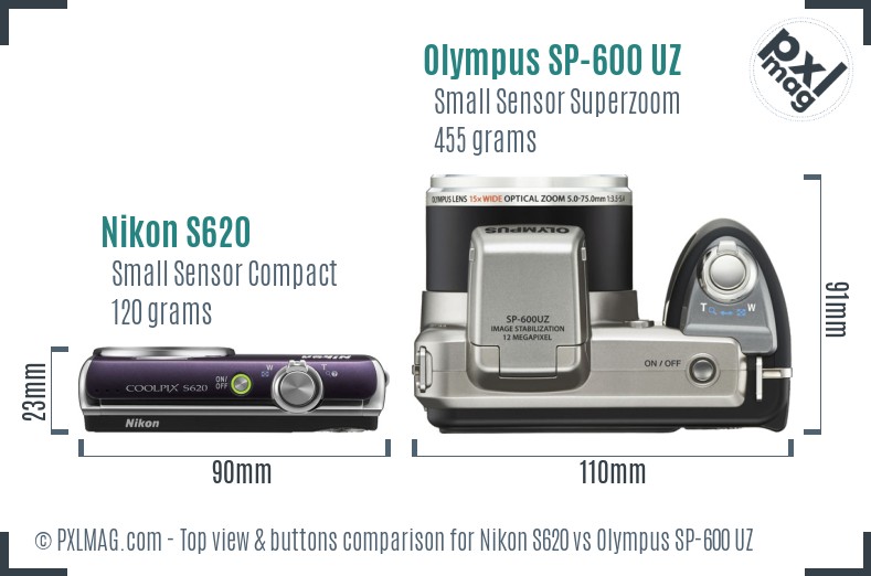 Nikon S620 vs Olympus SP-600 UZ top view buttons comparison
