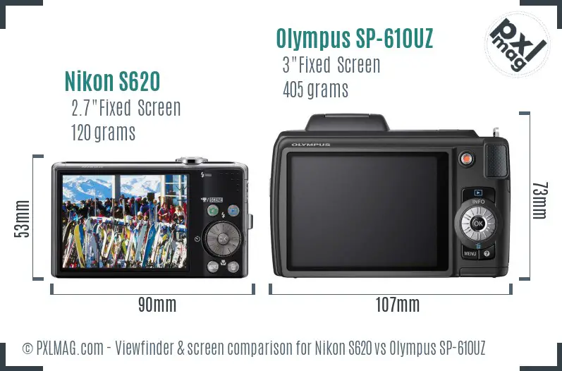 Nikon S620 vs Olympus SP-610UZ Screen and Viewfinder comparison