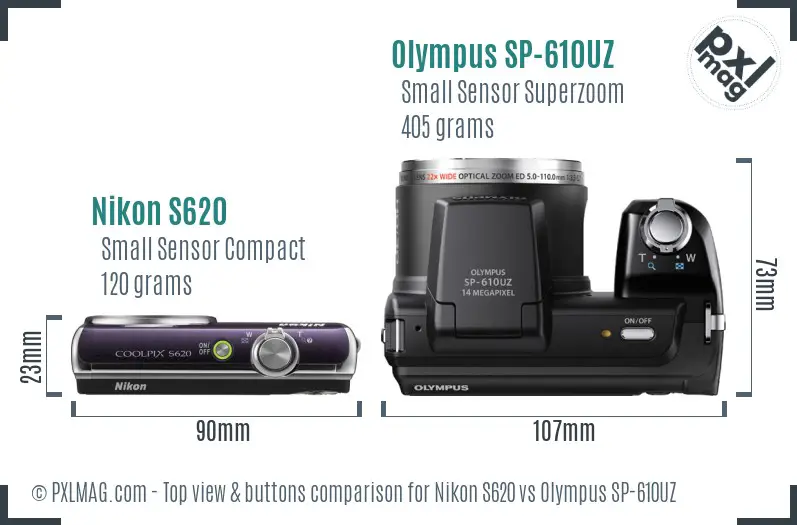 Nikon S620 vs Olympus SP-610UZ top view buttons comparison