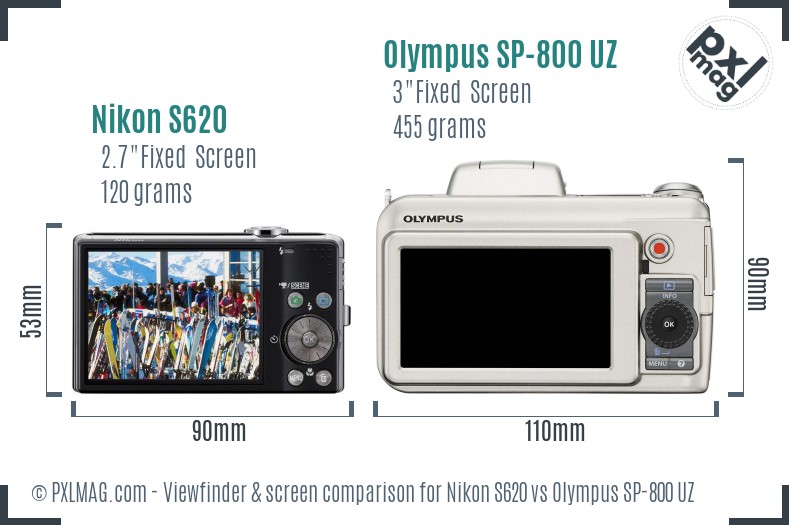 Nikon S620 vs Olympus SP-800 UZ Screen and Viewfinder comparison