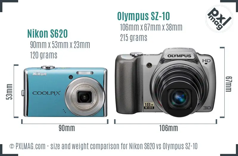 Nikon S620 vs Olympus SZ-10 size comparison