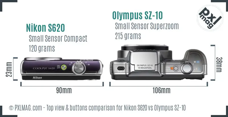 Nikon S620 vs Olympus SZ-10 top view buttons comparison