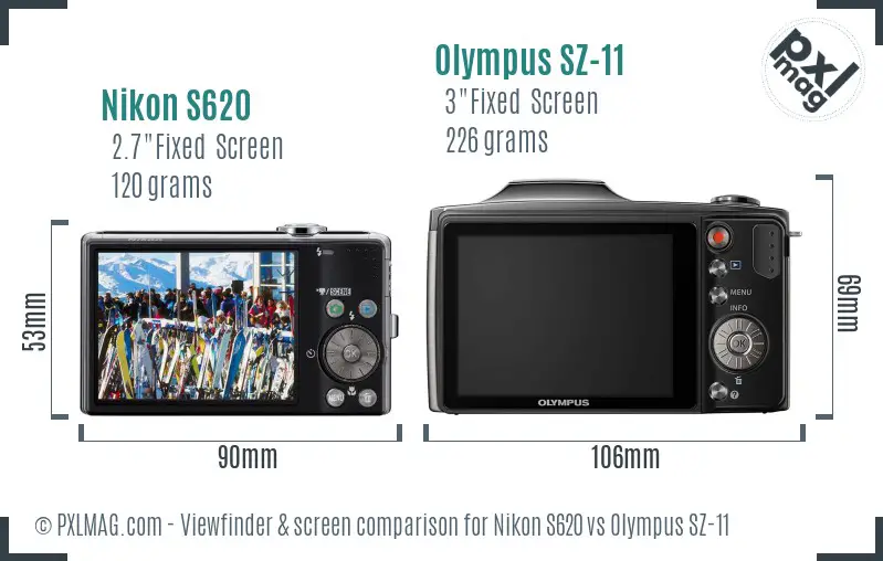 Nikon S620 vs Olympus SZ-11 Screen and Viewfinder comparison