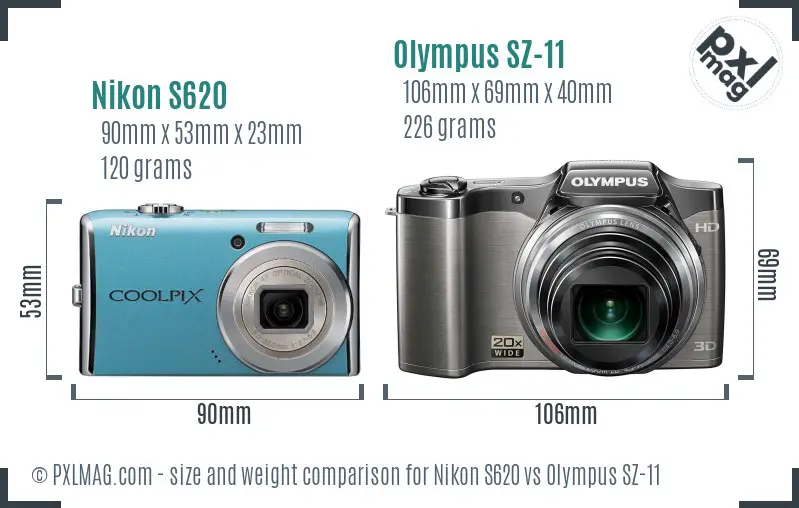 Nikon S620 vs Olympus SZ-11 size comparison