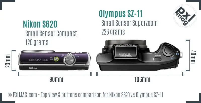 Nikon S620 vs Olympus SZ-11 top view buttons comparison