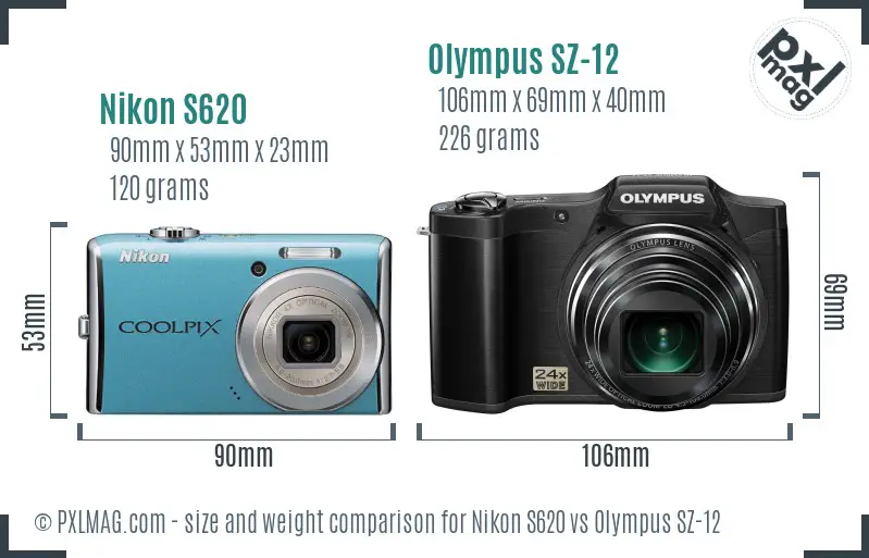 Nikon S620 vs Olympus SZ-12 size comparison