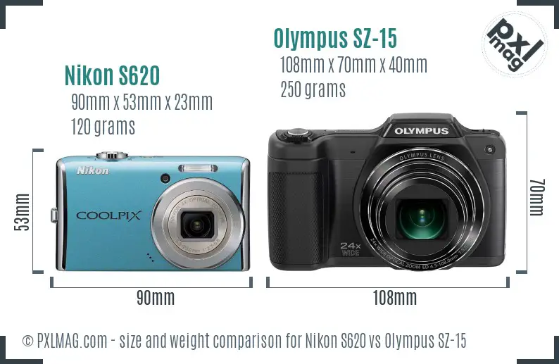Nikon S620 vs Olympus SZ-15 size comparison
