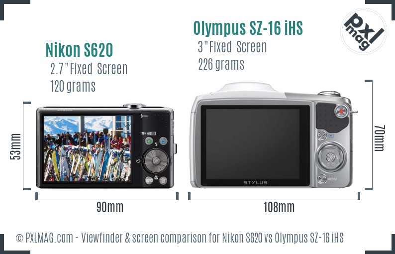 Nikon S620 vs Olympus SZ-16 iHS Screen and Viewfinder comparison