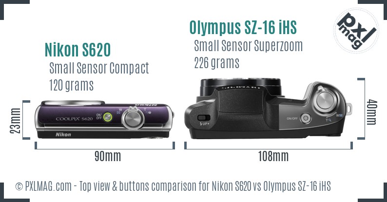 Nikon S620 vs Olympus SZ-16 iHS top view buttons comparison