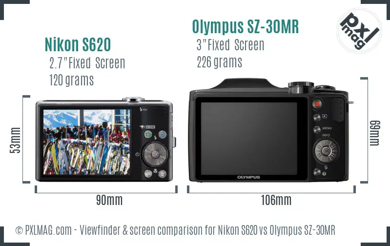 Nikon S620 vs Olympus SZ-30MR Screen and Viewfinder comparison