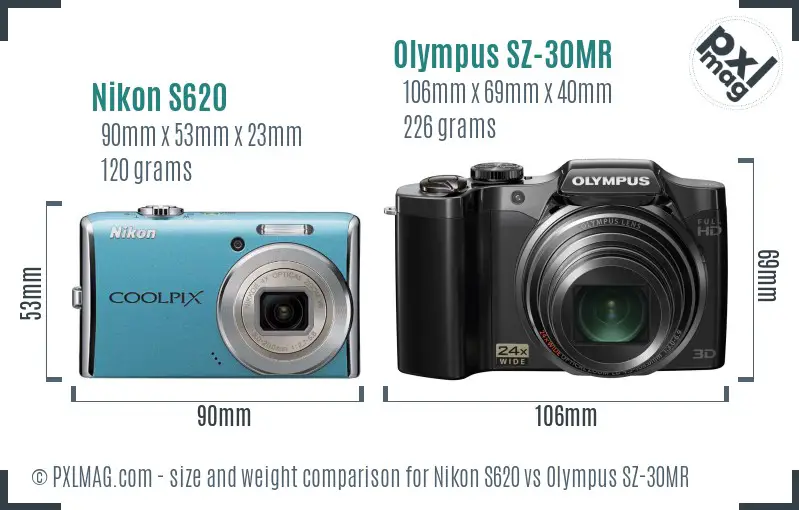 Nikon S620 vs Olympus SZ-30MR size comparison