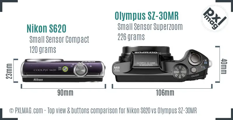 Nikon S620 vs Olympus SZ-30MR top view buttons comparison