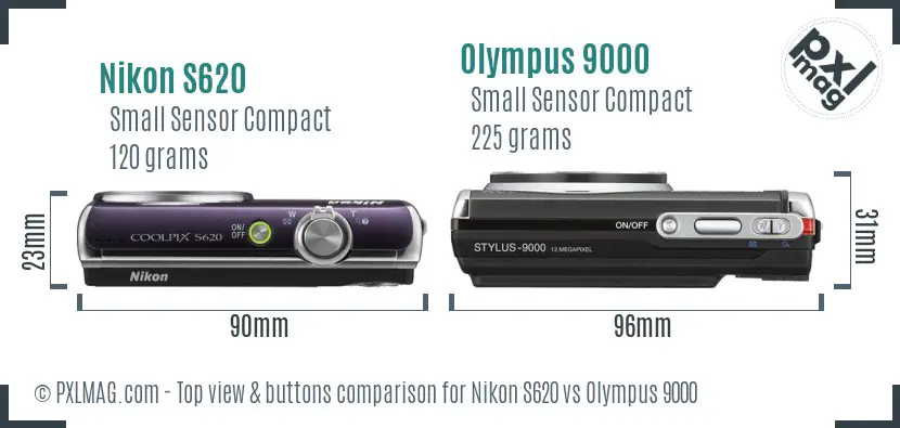 Nikon S620 vs Olympus 9000 top view buttons comparison Nikon S620 vs Olympus 9000 top view buttons comparison