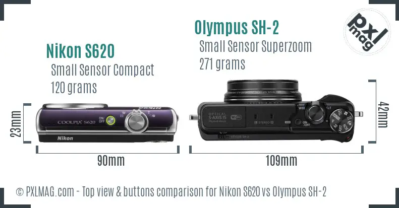 Nikon S620 vs Olympus SH-2 top view buttons comparison Nikon S620 vs Olympus SH-2 top view buttons comparison
