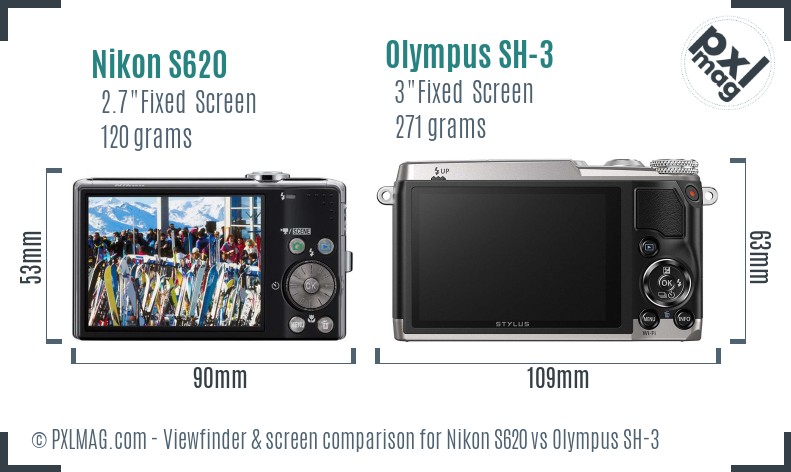 Nikon S620 vs Olympus SH-3 Screen and Viewfinder comparison