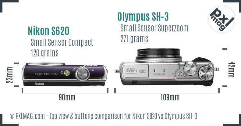 Nikon S620 vs Olympus SH-3 top view buttons comparison