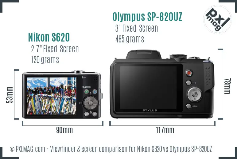 Nikon S620 vs Olympus SP-820UZ Screen and Viewfinder comparison