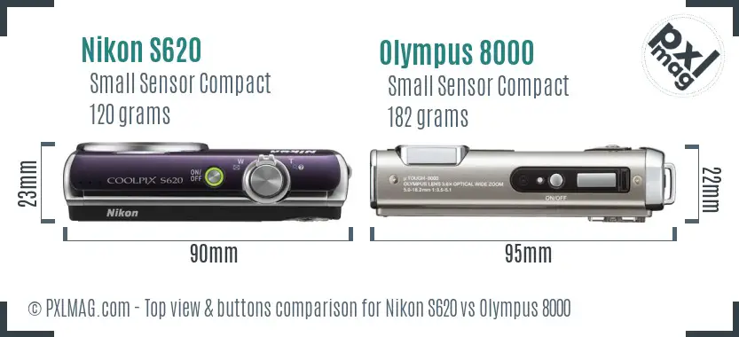 Nikon S620 vs Olympus 8000 top view buttons comparison