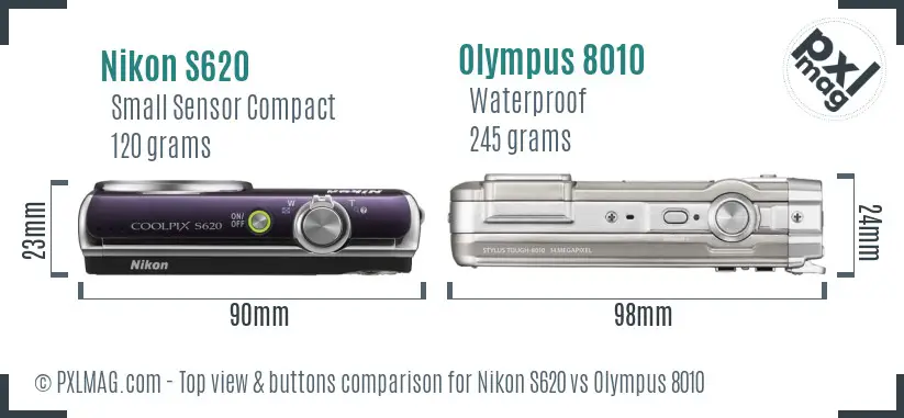 Nikon S620 vs Olympus 8010 top view buttons comparison Nikon S620 vs Olympus 8010 top view buttons comparison