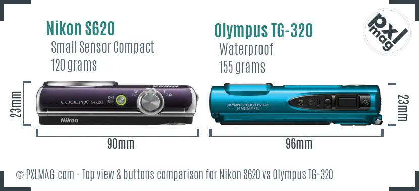 Nikon S620 vs Olympus TG-320 top view buttons comparison Nikon S620 vs Olympus TG-320 top view buttons comparison