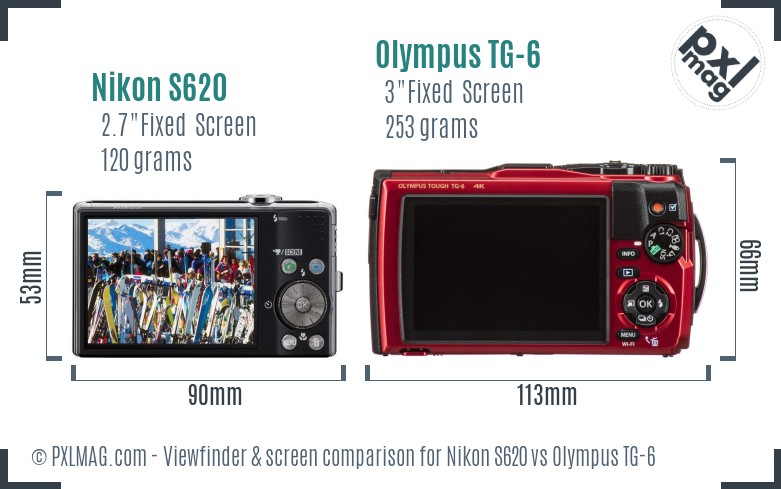 Nikon S620 vs Olympus TG-6 Screen and Viewfinder comparison