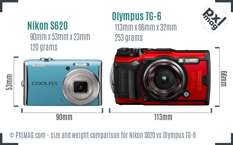 Nikon S620 vs Olympus TG-6 size comparison