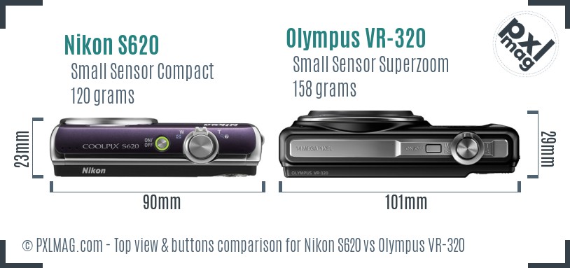 Nikon S620 vs Olympus VR-320 top view buttons comparison