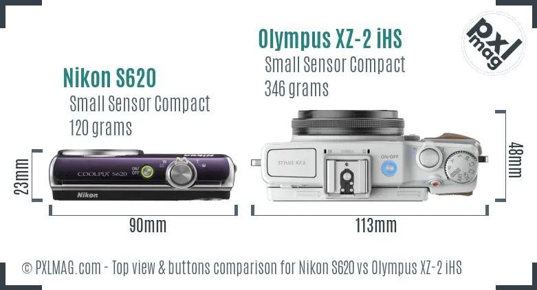 Nikon S620 vs Olympus XZ-2 iHS top view buttons comparison