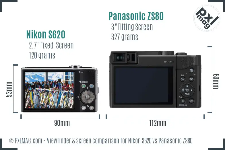 Nikon S620 vs Panasonic ZS80 Screen and Viewfinder comparison