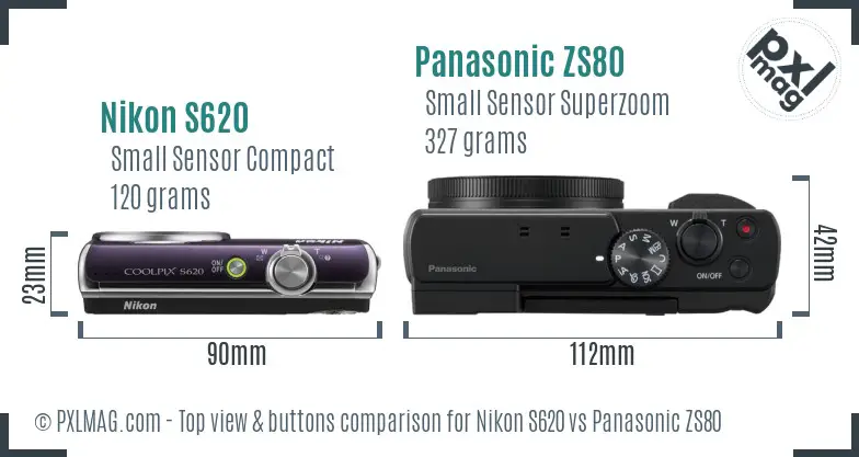 Nikon S620 vs Panasonic ZS80 top view buttons comparison