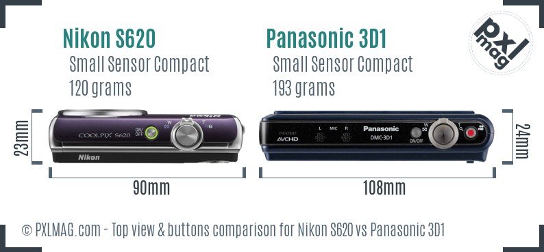 Nikon S620 vs Panasonic 3D1 top view buttons comparison