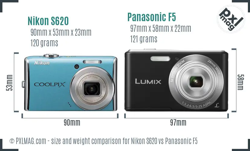Nikon S620 vs Panasonic F5 size comparison