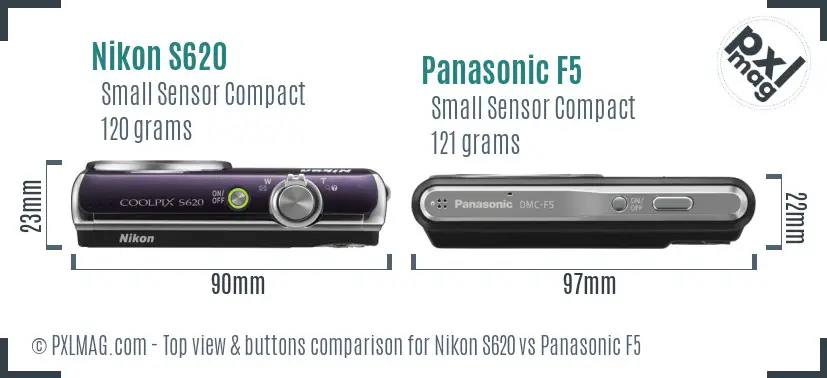 Nikon S620 vs Panasonic F5 top view buttons comparison