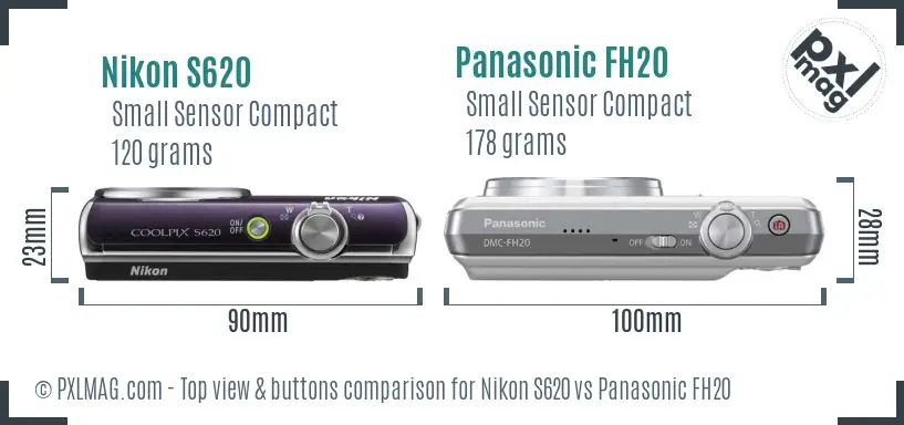 Nikon S620 vs Panasonic FH20 top view buttons comparison Nikon S620 vs Panasonic FH20 top view buttons comparison