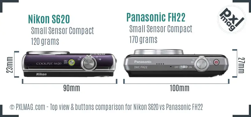 Nikon S620 vs Panasonic FH22 top view buttons comparison Nikon S620 vs Panasonic FH22 top view buttons comparison