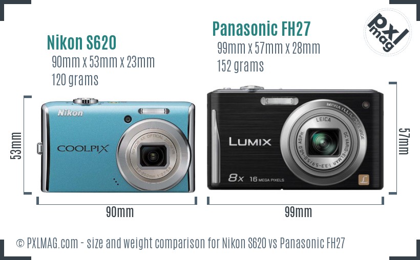 Nikon S620 vs Panasonic FH27 size comparison
