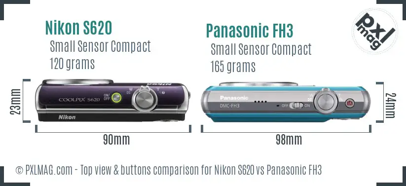 Nikon S620 vs Panasonic FH3 top view buttons comparison